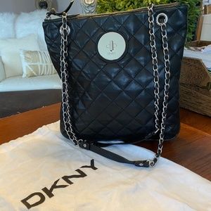 DKNY genuine black quilted leather chain strap padded shoulder tote bag